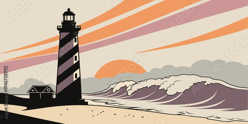 USA, US, U.S, United States - Outer Banks ocean lighthouse sunrise panorama dramatic waves 
