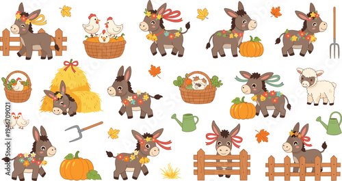 Cute cartoon donkey farm character set with autumn harvest elements, pumpkins, hay bales and chickens, adorable farm animal mascot collection for kids rural illustrations