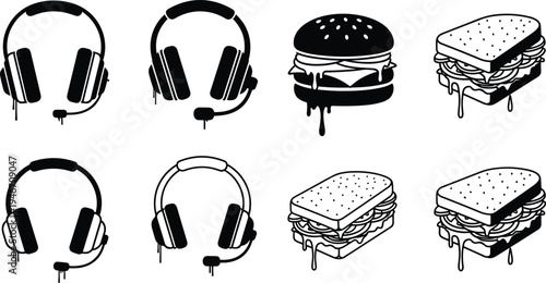 Headphones burger and sandwich doodle icon set in grunge dripping sketch style food and music symbols isolatedHeadphones burger and sandwich doodle icon set in grunge dripping sketch style food and mu