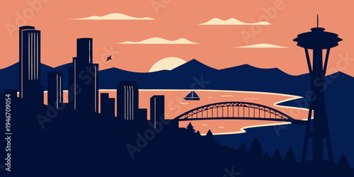 USA, US, U.S, United States - Seattle Skyline Sunset Panorama – Harbor Reflections, Mountain Backdrop & Iconic United States Pacific Northwest Cityscape