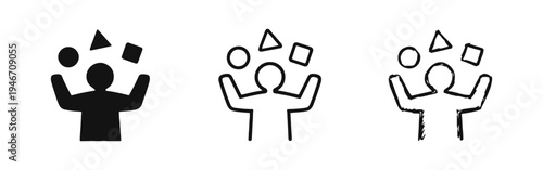 Person juggling geometric shapes icon set. Multitasking, skill management, and versatility symbol. Challenge and balance flat vector illustration.
