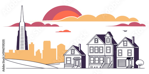 USA, US, U.S, United States - San Francisco colorful Victorian houses skyline sunset panorama travel poster style
