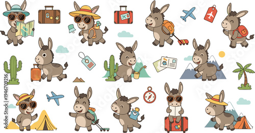 Cute donkey traveler cartoon character set with luggage, map and backpack, funny farm animal mascot collection for travel adventure vacation illustrations isolated background