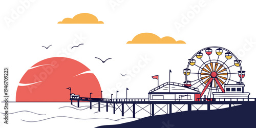 USA, US, U.S, United States - Santa Monica Pier colorful ferris wheel beach sunset panorama vibrant tourism poster
