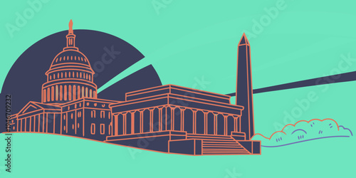 USA, US, U.S, United States - Washington, D.C. monuments skyline sunrise panorama patriotic travel poster
