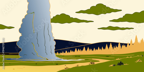 USA, US, U.S, United States - Yellowstone National Park geyser eruption sunrise panorama dramatic steam landscape --v 6 --ar 21:1 --style
