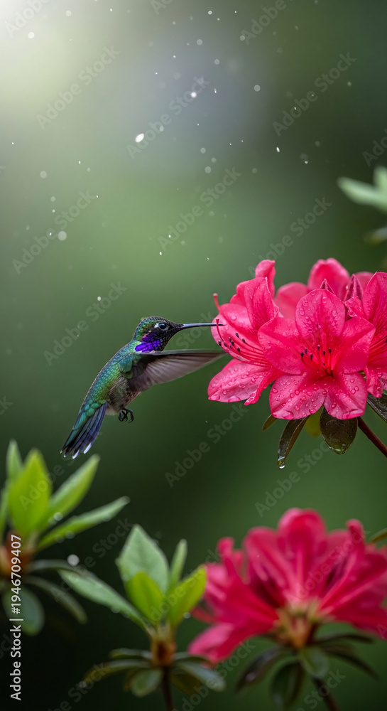 Fototapeta premium Image of a hummingbird feeding from a pink azalea flower, exhibiting nature's synergy and beauty, representing delicacy, vibrancy, and ecological harmony