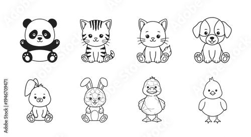 Cute cartoon baby animals set. Adorable panda, kitten, puppy, bunny, duckling, and chick vector illustration