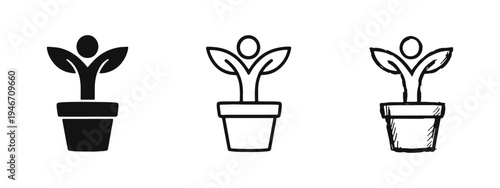 Potted Plant with Human-like Leaves Icon Set, Representing Green Growth and Nature.