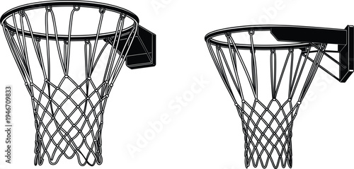 Black basketball hoop and net silhouette set isolated on white background, professional sports equipment vector illustration