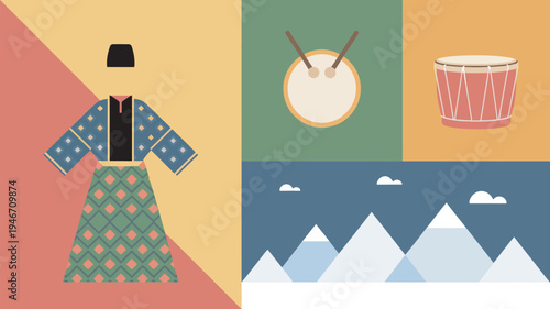 A vibrant illustration of traditional clothing and musical instruments set against a backdrop of mountains and colorful geometric patterns