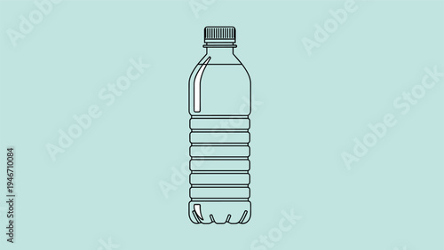 Clean line art illustration of a transparent plastic water bottle with a screw cap isolated on a soothing light teal blue background.