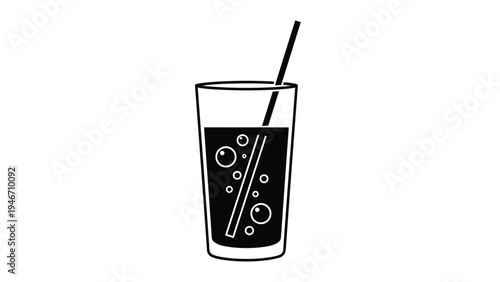 High contrast black and white icon showing a glass containing a carbonated beverage with bubbles and a drinking straw for a refreshing look.