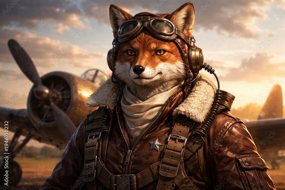 Fototapeta premium Anthropomorphic fox aviator adventure