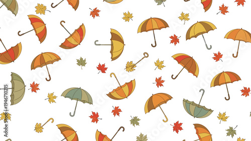 Whimsical seamless pattern featuring colorful autumn leaves and various colored umbrellas scattered across a white background for fall decor.