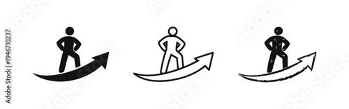 Person standing on an upward arrow icon set, symbolizing progress, growth, and moving forward.