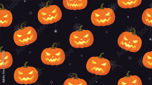 Spooky seamless Halloween pattern with glowing orange jack o lanterns and thin spiderwebs on a dark purple background for festive design.