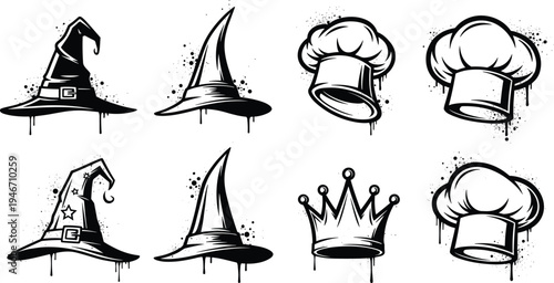 Hand drawn wizard hats chef hats and crown icon set in grunge dripping sketch style isolated on white backgroundHand drawn wizard hats chef hats and crown icon set in grunge dripping sketch style isol