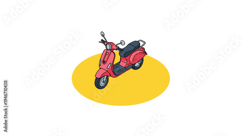 Stylish isometric illustration of a bright red motor scooter parked on a sunny yellow circular ground isolated on a white background.
