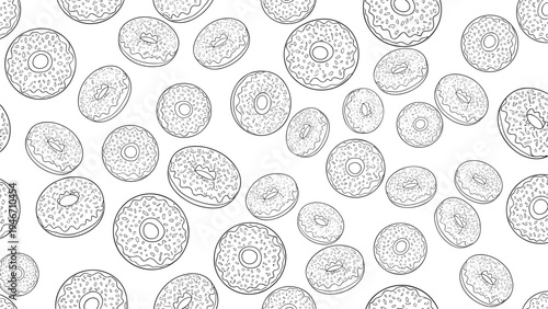 Clean black and white seamless pattern featuring numerous outlined donuts with sprinkles and various toppings scattered on a white background.