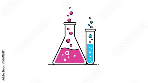 Scientific illustration of two laboratory flasks filled with pink and blue liquids with rising bubbles representing chemistry and research.