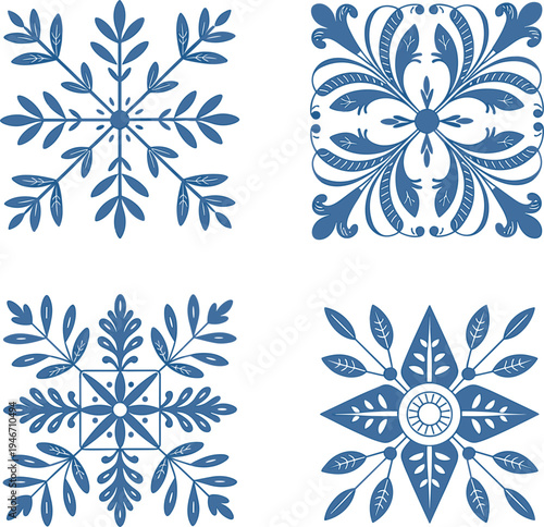 Set of blue ceramic tile pattern with floral and damask ornaments, mediterranean style vector for decoration