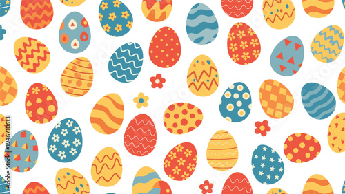 Delightful seamless pattern featuring many colorful decorated Easter eggs with various patterns and small flowers for spring celebrations.