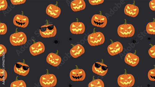 Playful seamless Halloween pattern showing carved jack o lanterns with funny expressions and sunglasses on a dark grey background.