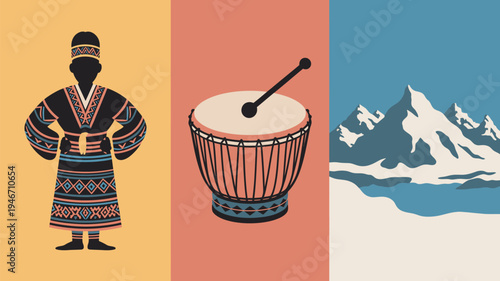 A vibrant illustration of a traditional musician with a drum and a snowy mountain landscape