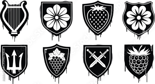 Medieval heraldic shield emblem set with floral harp trident owl and crossed swords in grunge dripping style isolatedMedieval heraldic shield emblem set with floral harp trident owl and crossed swords