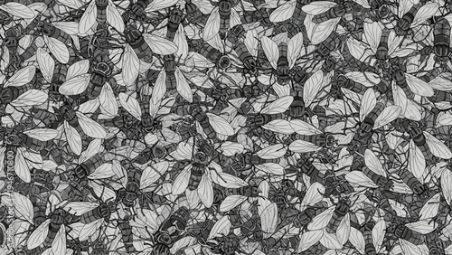 Dense swarm of flies and flying insects depicted in a detailed black and white illustration covering the entire frame in a pattern.