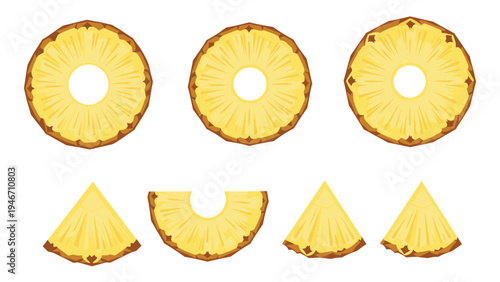 Set of yellow pineapple slices and triangular chunks with brown skin edges isolated on a white background for tropical food design.
