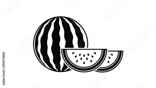 Minimalist black and white vector illustration of a whole striped watermelon and two juicy slices with seeds on a plain background.