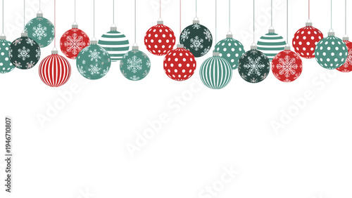 Festive row of colorful Christmas ornaments with various patterns hanging against a white background for winter holidays.