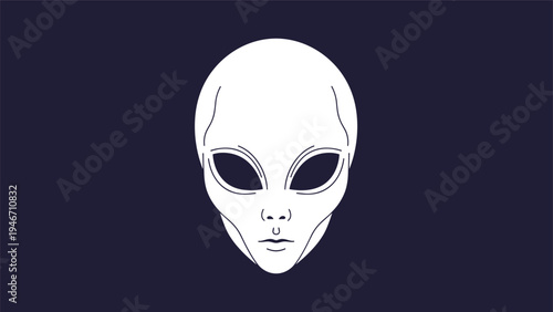 Detailed white illustration of an extraterrestrial alien head with large dark eyes centered on a deep purple background for sci-fi themes.
