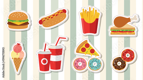 Set of colorful fast food stickers including burger, hot dog, pizza, and ice cream arranged on a light green and cream striped backdrop.