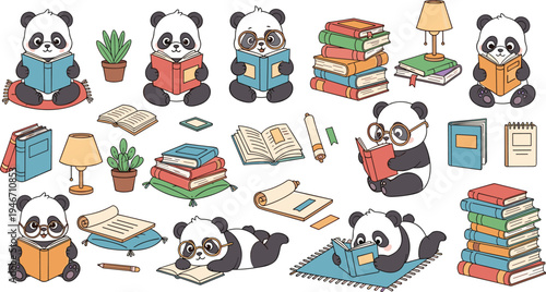 Cute panda cartoon character reading books set with study poses, adorable bear mascot collection for education, library learning, school illustrations isolated on light background
