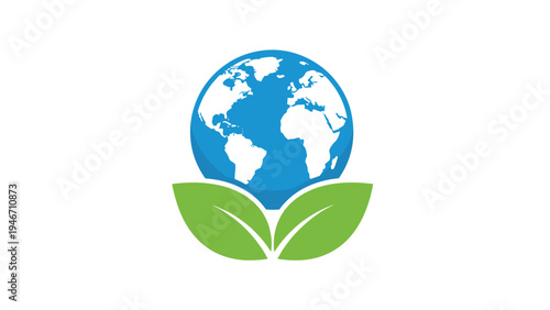 Ecology symbol featuring a blue and white planet earth globe resting on two green leaves for environmental awareness themes.