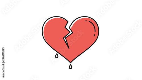 Cartoon style illustration of a bright red broken heart with a jagged crack and small blood drops dripping from the bottom on white.