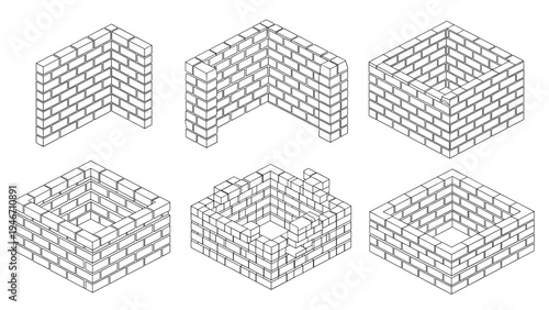 Isometric line drawings showing various stages of brick wall construction and corner pillars for architecture and building themes.