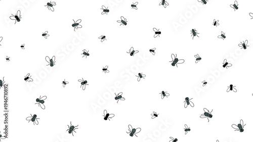 Sparse pattern of small flying insects and flies scattered randomly across a clean white background for pest control and nature themes.