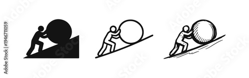 Man Pushing Boulder Up Hill Icon Set. Struggle, Effort, and Perseverance Concept.
