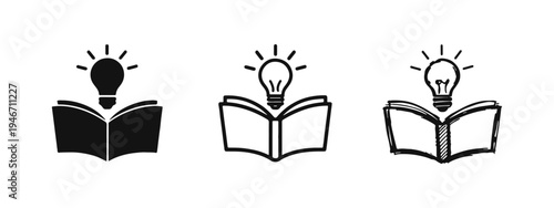 Book with Light Bulb Icon Set. Idea, Knowledge, and Inspiration Concept.