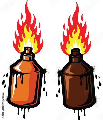 Molotov cocktail bottles with burning flames graffiti style illustration representing protest weapon, rebellion symbol and urban street art conceptMolotov cocktail bottles with burning flames graffiti