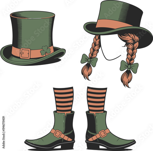A whimsical illustration of a top hat, braided hair with bows, and striped socks with boots