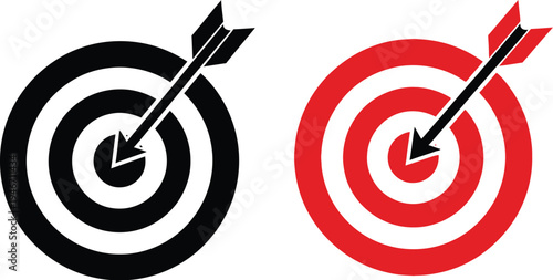 Vector graphic illustration of black and red archery targets hit by arrows