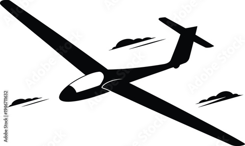 Glider airplane flying through clouds in sky with white background
