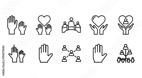 Community and Volunteering Icon Set. Minimalist Black and White Line Art Featuring Charity Hands, Hearts, Teamwork, and Social Connection. Vector Icons for Nonprofit and Support Organizations.
