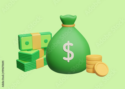 Symbol of money, richness and power. Green money bag with dollar sign, money cash banknotes currency bill stack, coin pile 3D vector render. Bank treasury safe deposit. Financial investment.