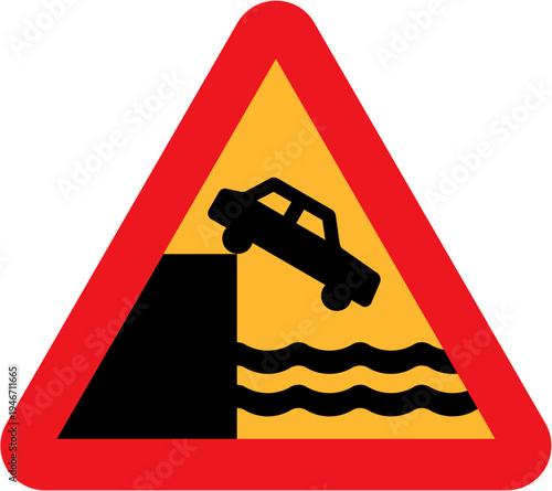 Warning road sign illustrating a vehicle about to drive off an embankment into water danger ahead